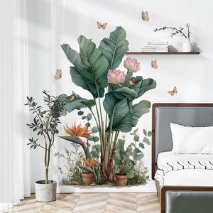 Tropical banana leaves and lotus flower wall decal for bedroom home decoration