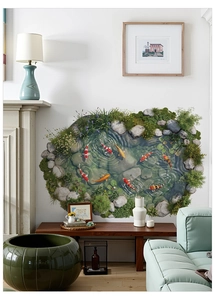 3D realistic koi fish pond wall sticker showing vivid carp and aquatic plants in a home set