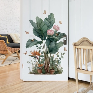 Large tropical plant wall decals featuring pink lotus and bird of paradise flowers