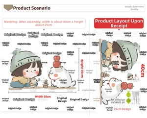 Detail view of cute cartoon girl and cat wall stickers with precise sizing information