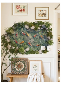 Detailed view of 3D koi pond wall sticker with realistic fish and water textures