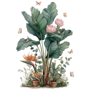 Large tropical banana leaf wall sticker with pink flowers and flying butterflies