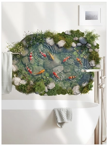 Detailed 3D koi pond wall decal with swimming fish and pebbles for bathroom decor