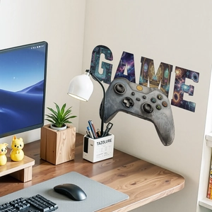 Sticker mural manette de jeu et texte GAME avec motifs galaxie pour décoration de chambre