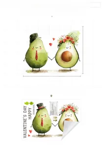 Detail showing removable Valentine's Day avocado window stickers with UV printing