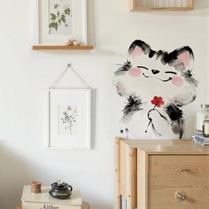 Ink wash style cute cat wall sticker with red flower for bathroom and home decor