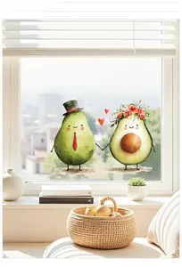 Detail of hand-painted watercolor avocado couple window stickers for Valentine's Day decor