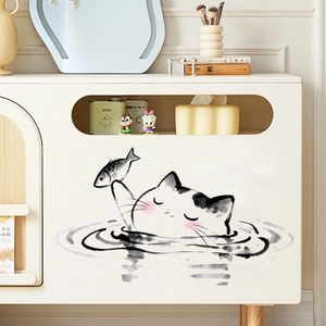 Cute ink-wash cat catching fish wall sticker for bathroom cabinets and mirrors