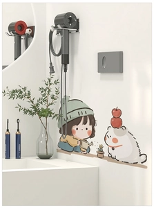 Waterproof wall decal showing a cute cartoon girl and a white cat in a bathroom setting