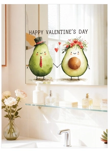 Detail of avocado couple window sticker with Happy Valentine's Day text on bathroom mirror