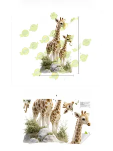 Detailed view of giraffe window stickers showing wall application and delivery layout sizes