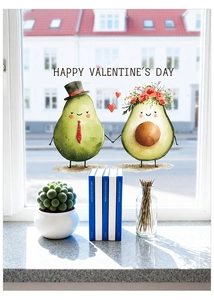 Detail of avocado couple window sticker with Happy Valentine's Day text in watercolor style