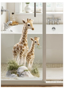 Macro detail of giraffe mother and baby static cling sticker on a glass shower door