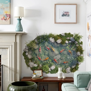 3D koi fish pond wall sticker with realistic stones and lotus leaves for home decoration