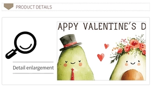 Close-up of Valentine's Day avocado window decal showing UV heart print and cute details