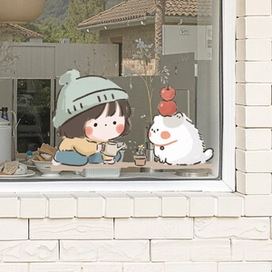 Cute Cartoon Girl Watering Flower PVC Wall Stickers Healing Style Cat Pattern Waterproof Decorative Window Sticker For Glass Decor