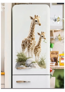 Detailed realistic giraffe family sticker applied on a white vintage refrigerator door