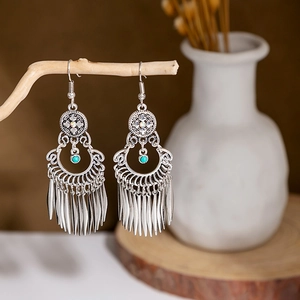 Ethnic peacock hollow leaf tassel earrings in vintage silver with turquoise bead
