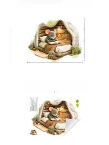 Détail d'autocollant mural UV d'une petite souris lisant dans un terrier douillet