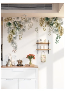 Macro detail of Nordic tropical leaf wall stickers in Morandi green on kitchen wall