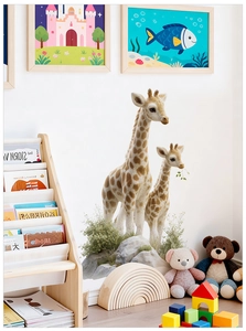 Realistic giraffe wall stickers shown in a cozy children's room with natural lighting