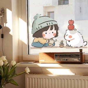 Cute girl and cat UV decorative window sticker with frosted translucent glass finish