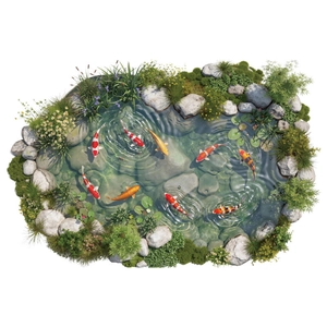 3D koi pond wall decal with realistic fish and pebbles for bathroom tile decoration