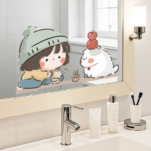 Cartoon girl and pet UV printed wall stickers on a modern bathroom mirror surface