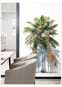 Artistic giraffe and palm tree wall decals in a modern minimalist dining room setting