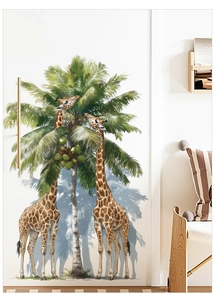 Detail of giraffe and palm tree wall decal on white door for kids' room decoration