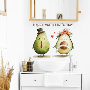 Cartoon avocado Valentine's Day window stickers featuring a cute couple on a bathroom mirror