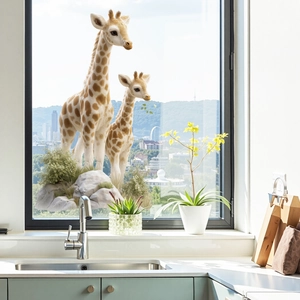 Realistic giraffe family window decal stickers for home decor in a bright kitchen setting