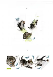 Detailed PVC wall sticker layout showing cute tabby cats and blue feathers dimensions