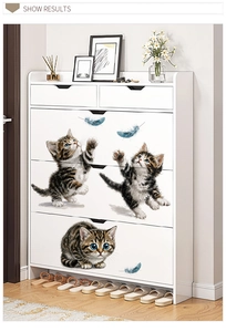 Close-up of cute cartoon kittens and feathers pattern on white wooden tilting shoe cabinet