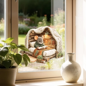 Sticker de Fenêtre 3D Souris Lisant Dans Une Cabane Décalcomanie Murale Décorative en PVC Imprimé UV Ornement de Maison Salle de Bain Salon Verre