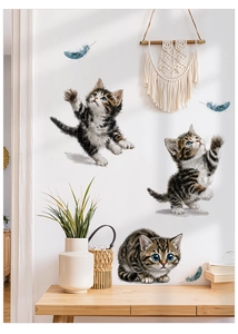 Realistic cat wall stickers with tabby kittens and blue feathers for home decor