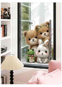 Dettaglio di adesivi per finestre 3D stile peluche con orsetto e coniglio in casa