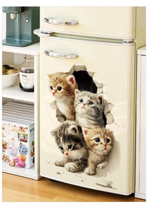 Detail of 3D kitten wall stickers with realistic broken wall effect on a fridge