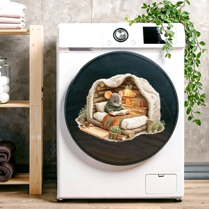 Autocollant illustré souris lisant pour lave-linge dans une buanderie moderne