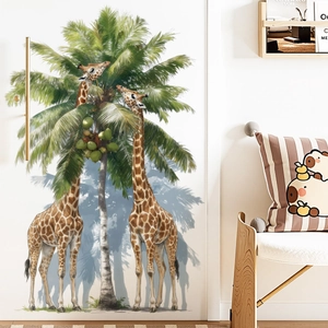 Large giraffe and palm tree wall decals for children's room in hand-drawn style