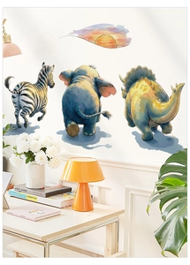 Watercolor zebra and elephant wall stickers in a cozy children room setting with a wooden desk