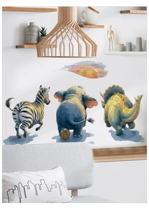 Detailed wall scene showing watercolor zebra, elephant, and dinosaur back view decals