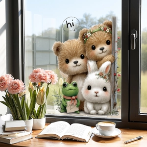 Simpatici Adesivi per Finestre Effetto Peluche Orso Coniglio Rana Cartone Animato Animale PVC Rimovibile Vetro Specchio per Casa