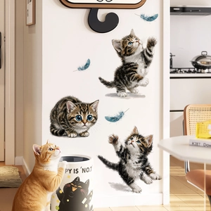 Removable wall stickers featuring realistic kittens and blue feathers for kids' rooms