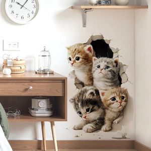 3D cat wall stickers with four cute kittens peering through a cracked white wall decor