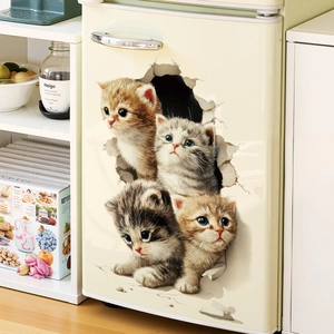 3D realistic cat wall stickers featuring cute kittens with broken wall effect for home decor