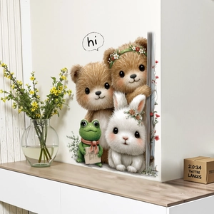 Adesivi murali 3D orso e coniglio con trama di pelliccia realistica e decorazioni floreali