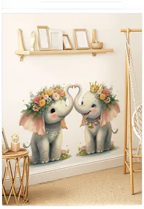 Detail of watercolor elephant wall stickers featuring cute calves forming a heart shape