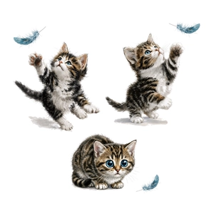 Cute kitten wall decals with three playful cats and blue feathers for kids' room decoration