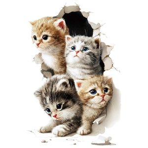 3D cat wall decals showing four kittens emerging from broken wall on white background